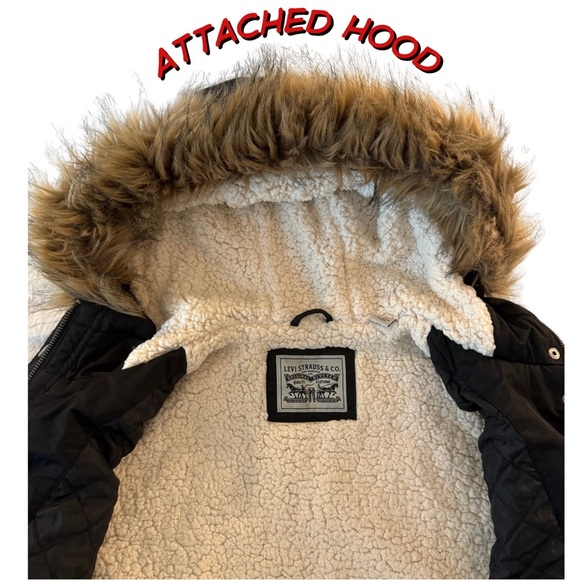 Levi’s Black Sherpa Lined Parka Women’s Size M Faux Fur Hood Mid-Thigh Jacket - Picture 4 of 8